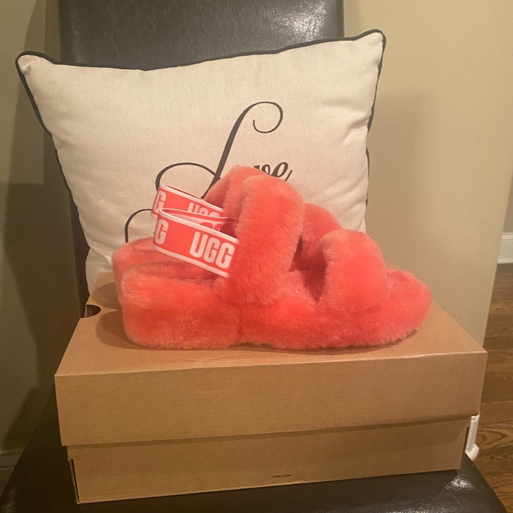 Brand New Coral Fluffy Ugg Slides